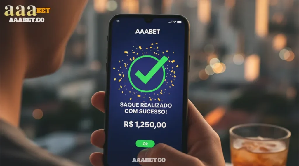 Homem segurando celular com a confirmação de saque bem-sucedido do AAABET via PIX