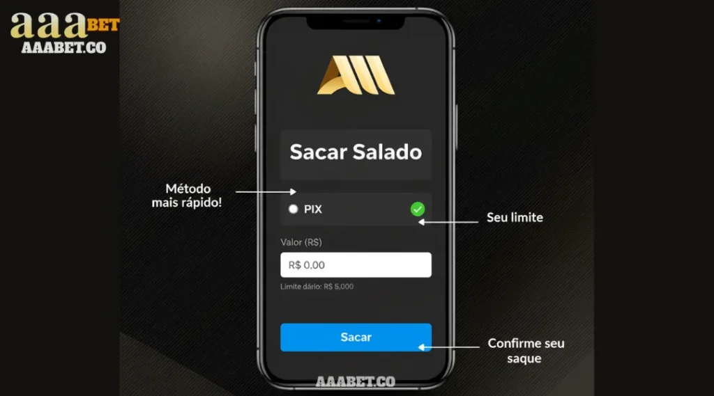 Tutorial visual mostrando a tela de saque da AAABET com o método PIX selecionado para retirar dinheiro