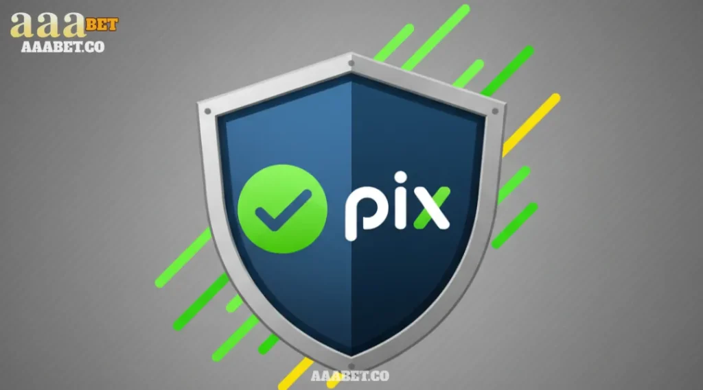 Ícone de um escudo de segurança com o símbolo do PIX, representando o saque rápido e seguro na AAABET