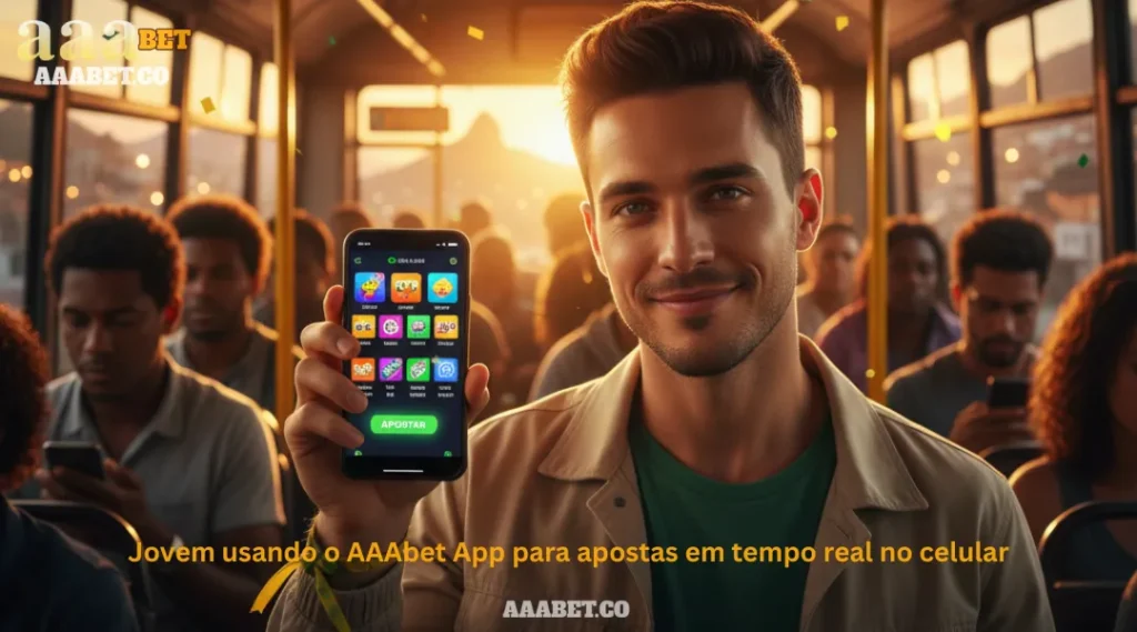 Jovem usando o AAAbet App para apostas em tempo real no celular