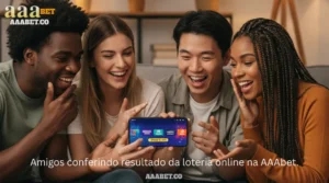 Amigos conferindo resultado da loteria online na AAAbet.