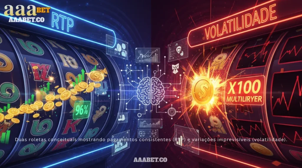 Duas roletas conceituais mostrando pagamentos consistentes (RTP) e variações imprevisíveis (volatilidade)