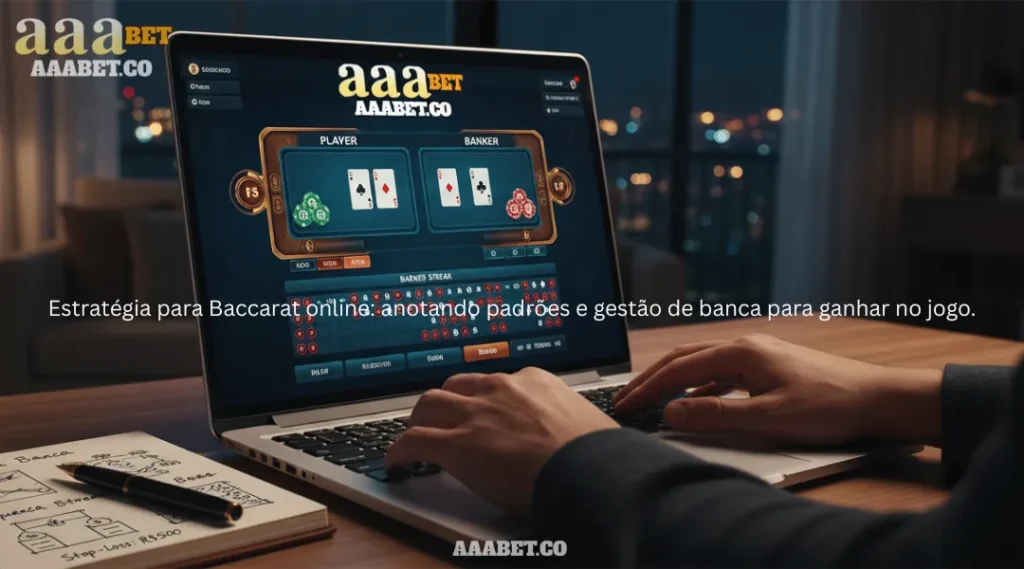 Estratégia para Baccarat online anotando padrões e gestão de banca para ganhar no jogo.