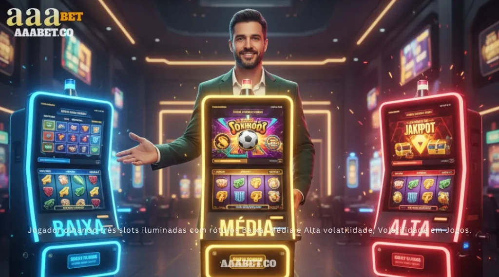 Jogador olhando três slots iluminadas com rótulos Baixa, Média e Alta volatilidade, Volatilidade em Jogos