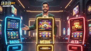 Jogador olhando três slots iluminadas com rótulos Baixa, Média e Alta volatilidade, Volatilidade em Jogos