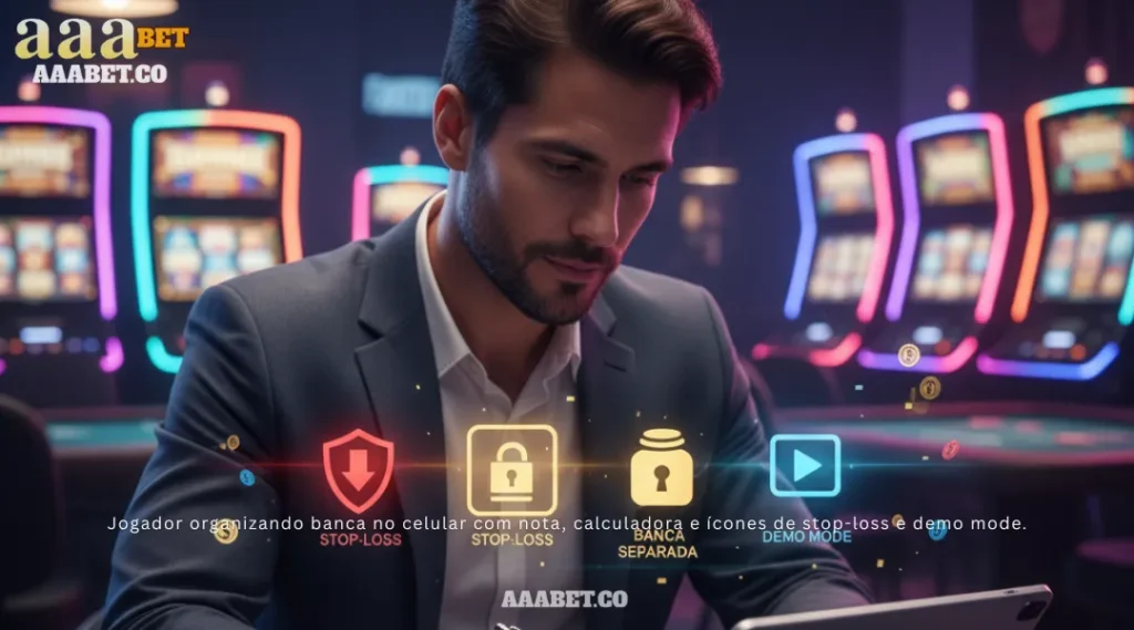 Jogador organizando banca no celular com nota, calculadora e ícones de stop-loss e demo mode