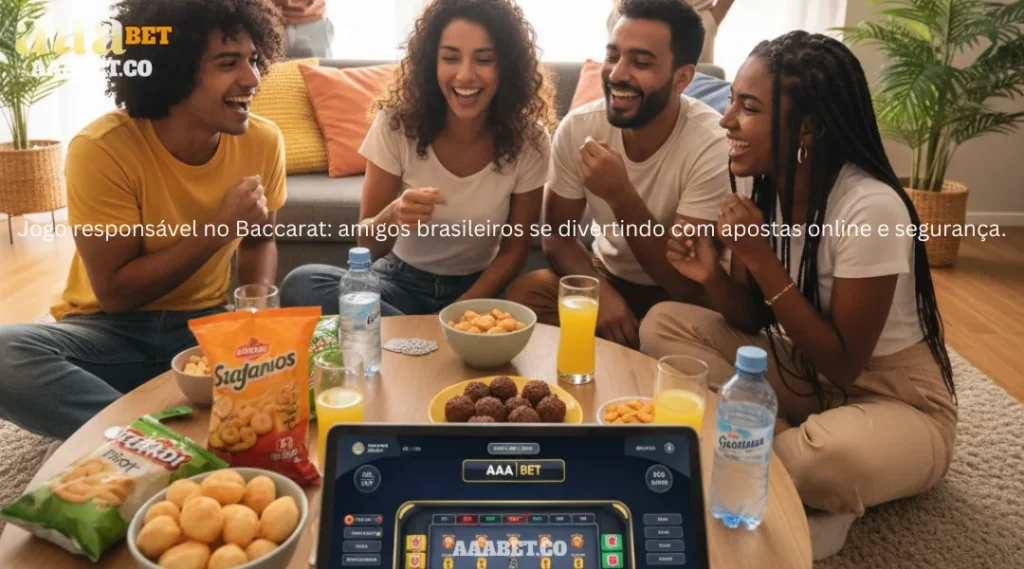 Jogo responsável no Baccarat amigos brasileiros se divertindo com apostas online e segurança.
