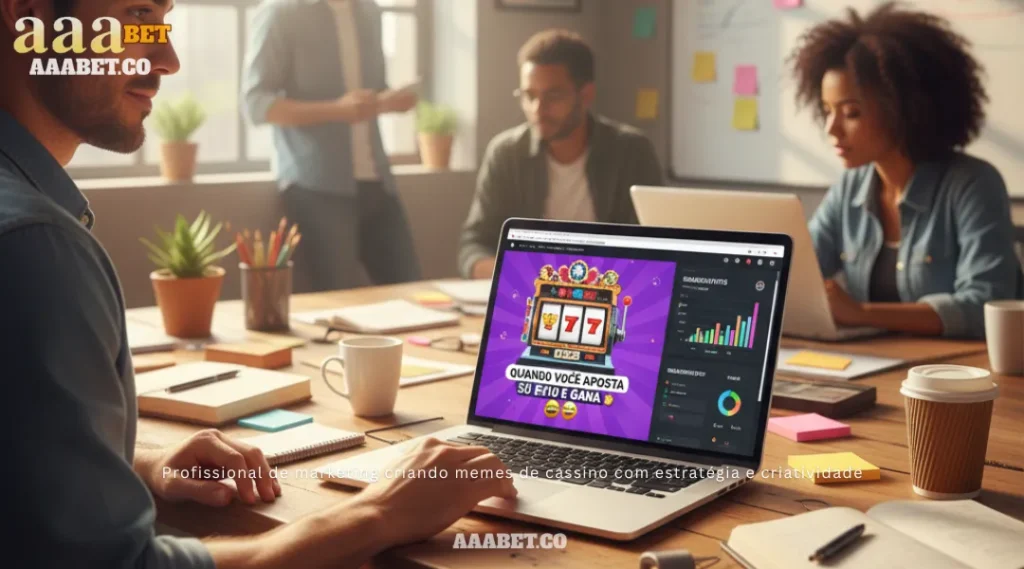 Profissional de marketing criando memes de cassino com estratégia e criatividade